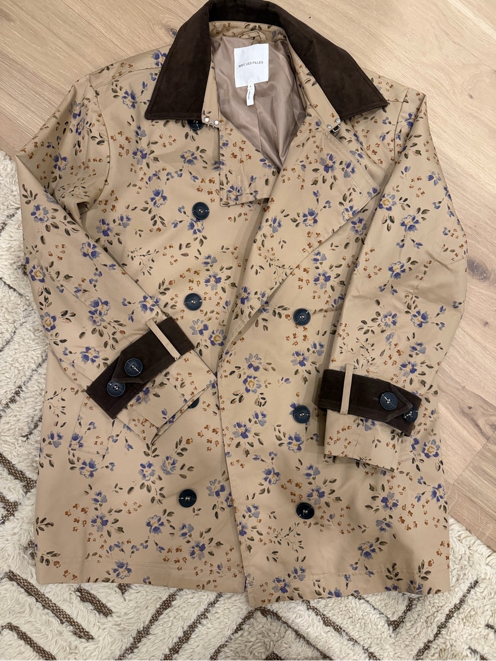 Avec Les Filles Beige Floral Trench Coat with Dark Brown Collar
